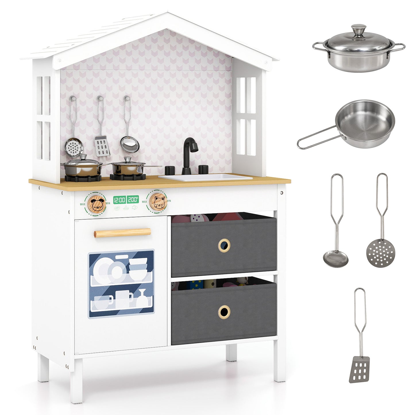 White House-Shaped Play Kitchen | 5-Piece Cookware Set | Ages 3-6