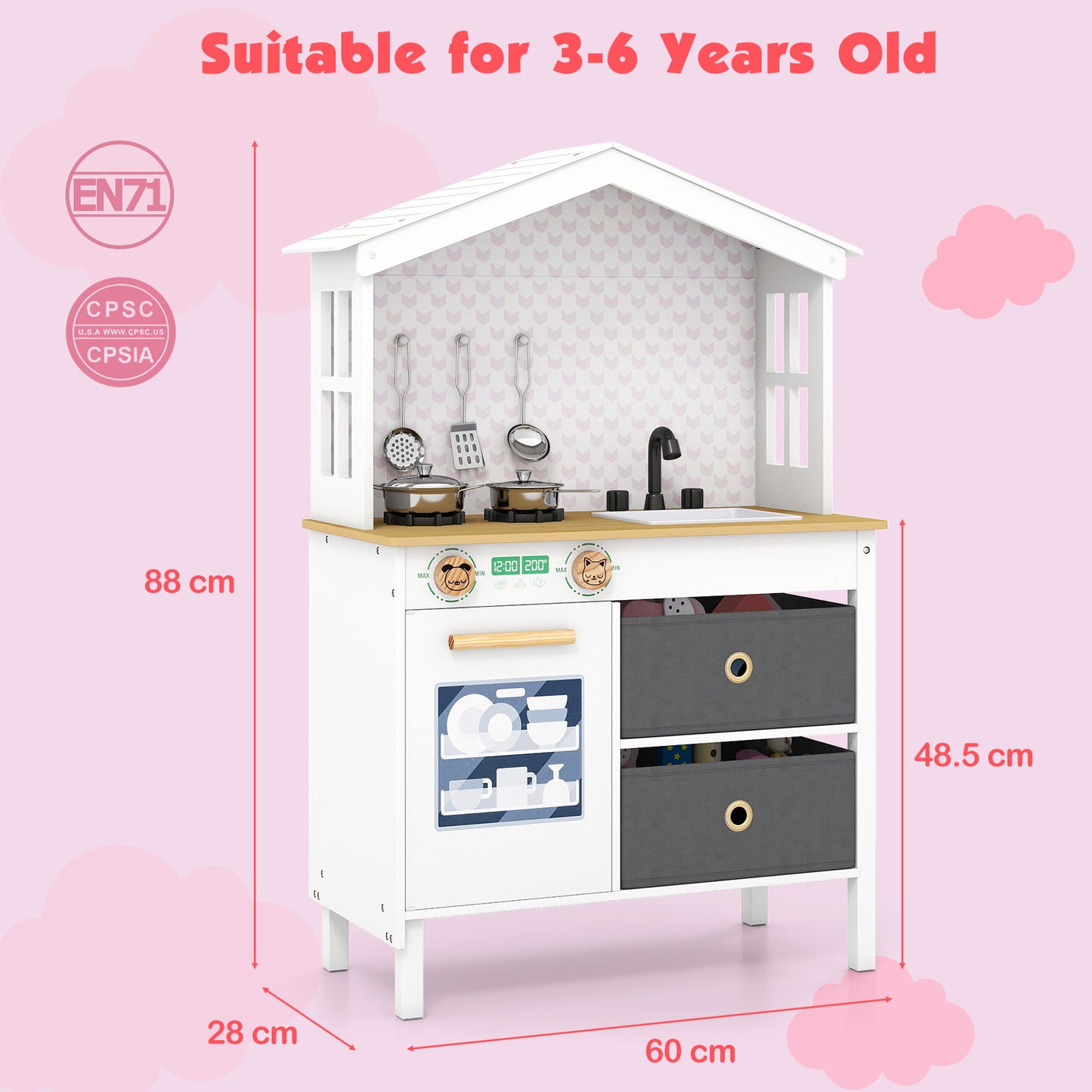 White House-Shaped Play Kitchen | 5-Piece Cookware Set | Ages 3-6