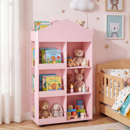 Costway House Shaped Kids Bookshelf and Toy Storage Organizer for Playroom-Pink