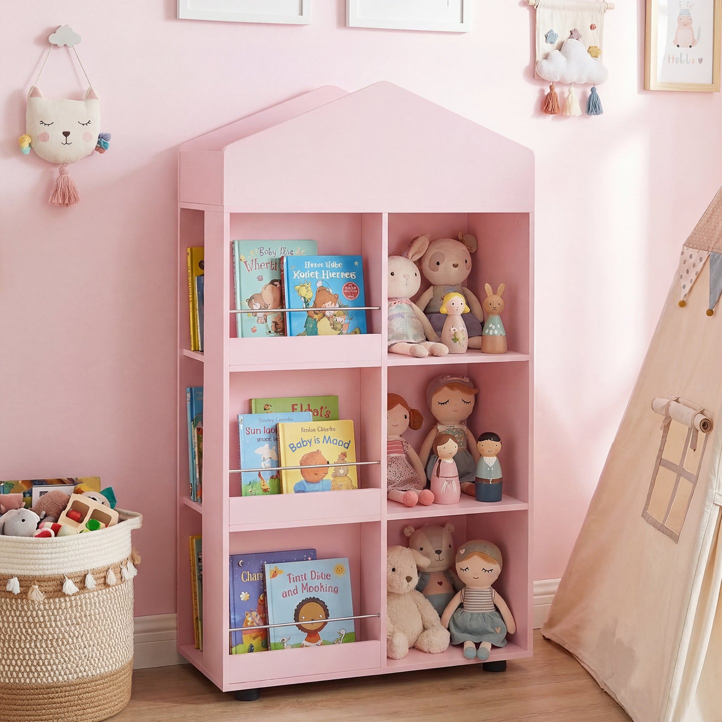 Pink House Shaped Kids Bookshelf | Toy Storage Organizer