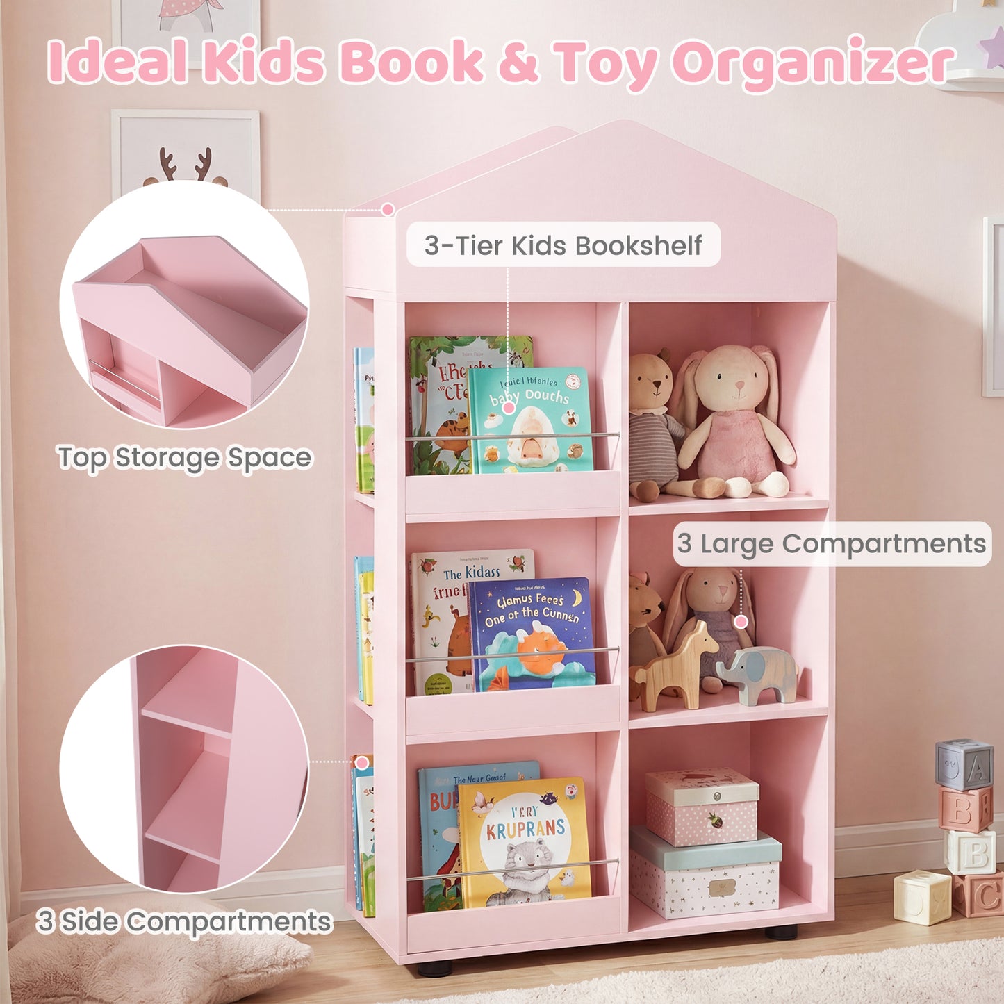 Pink House Shaped Kids Bookshelf | Toy Storage Organizer