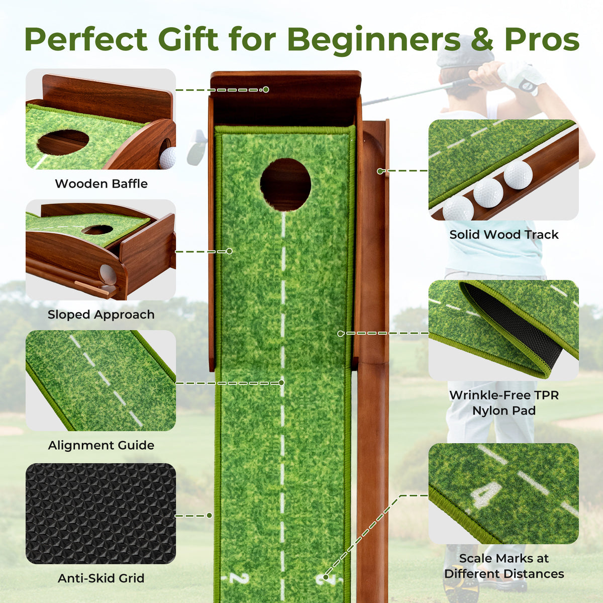Green & Brown Golf Putting Mat | Auto Ball Return & 3 Balls