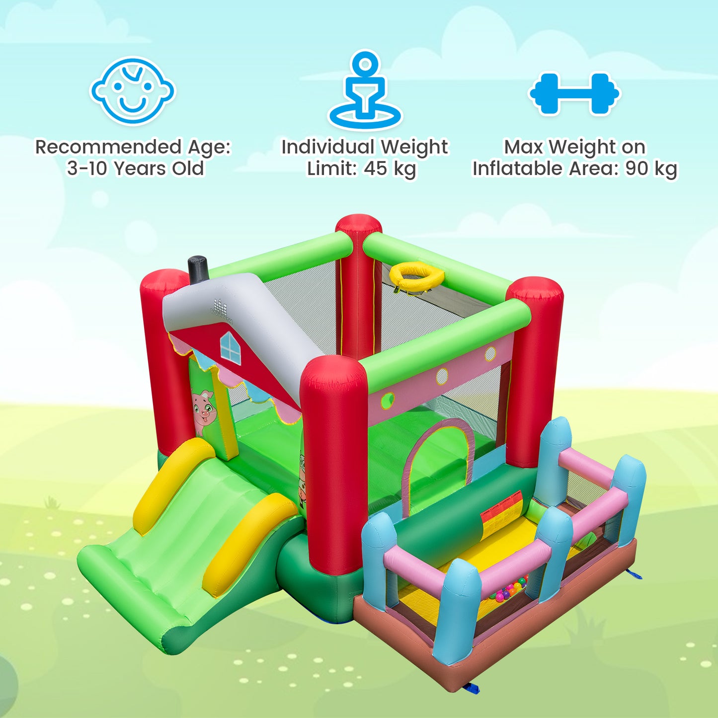 4 In 1 Multi-Color Bounce House | 480W Blower & Ocean Balls