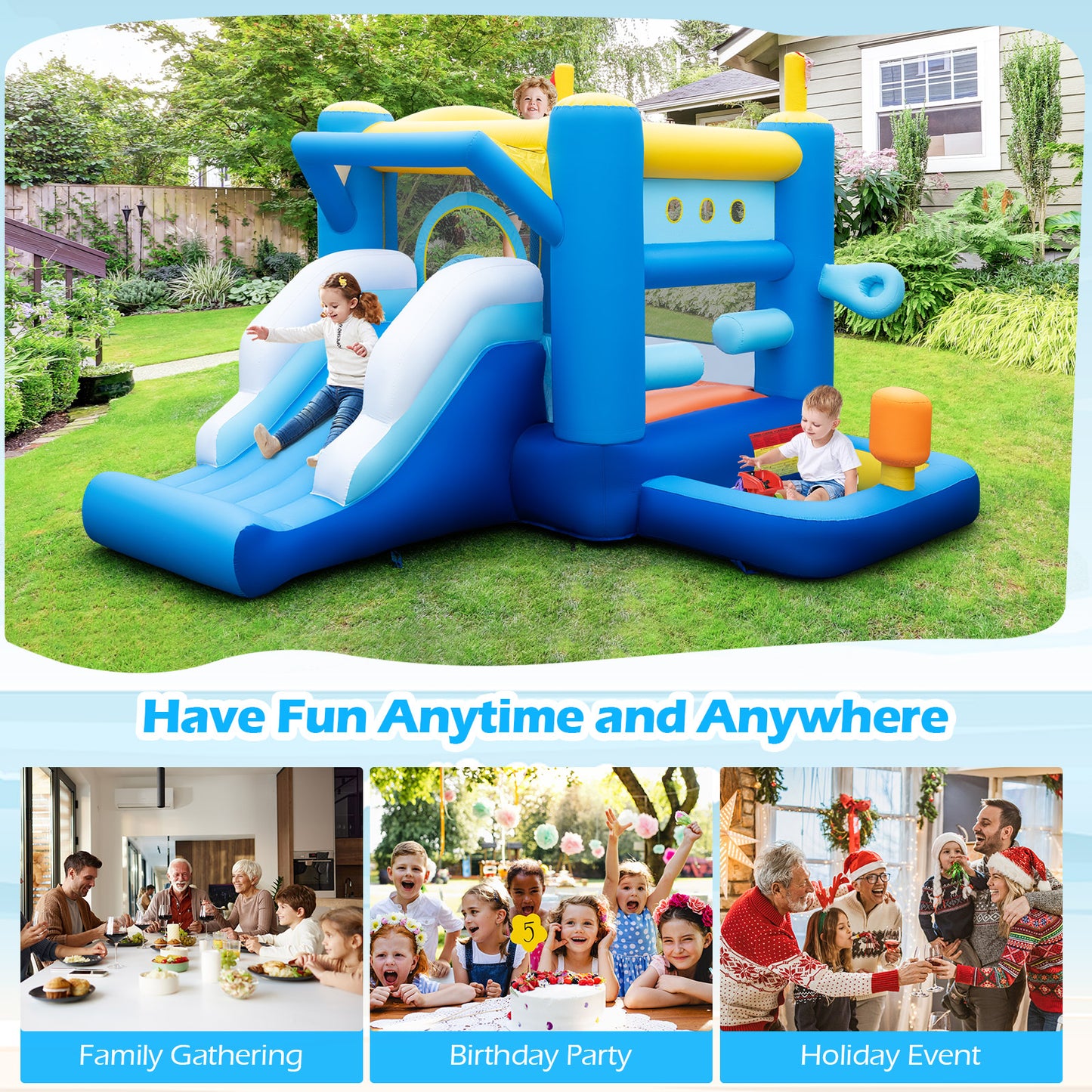 Blue Yellow Inflatable Bounce House | Slides Basketball Hoop