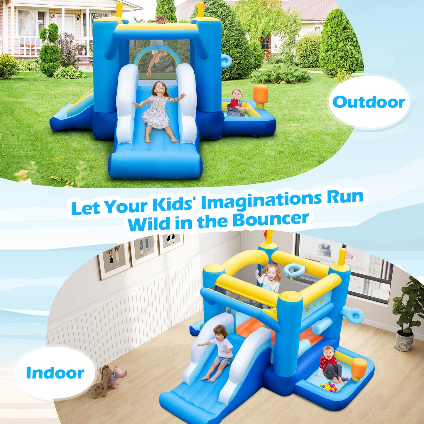 Blue Yellow Inflatable Bounce House | Slides Basketball Hoop