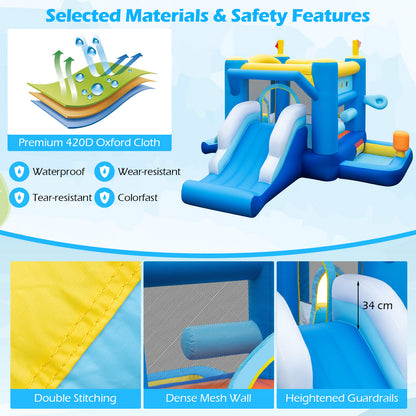 Blue Yellow Inflatable Bounce House | Slides Basketball Hoop