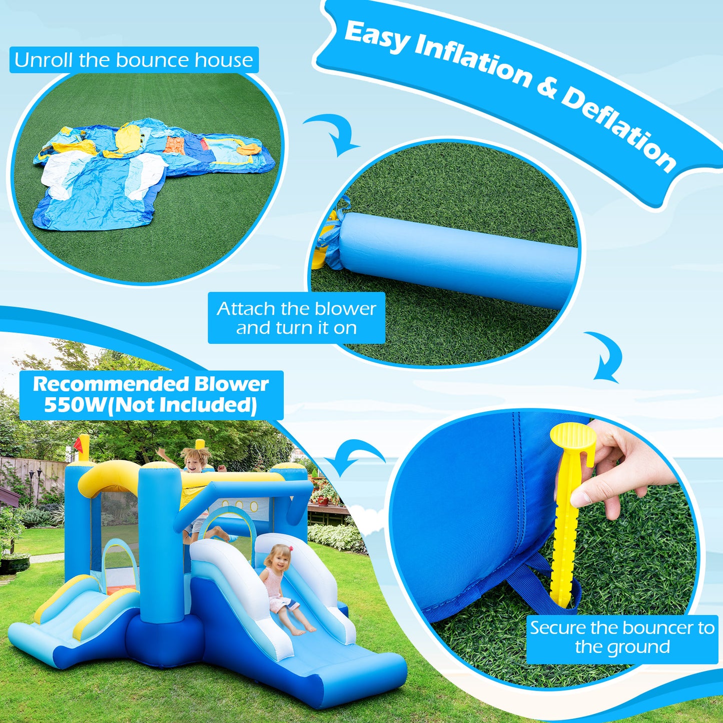 Blue Yellow Inflatable Bounce House | Slides Basketball Hoop