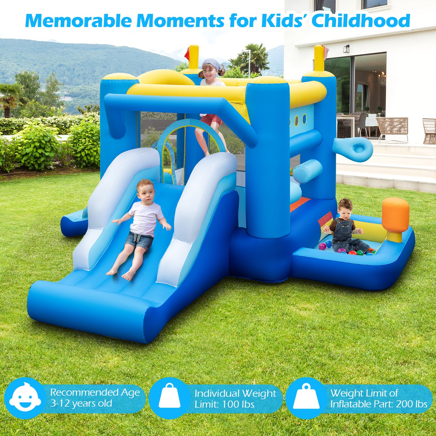 Blue Yellow Inflatable Bounce House | Slides Basketball Hoop