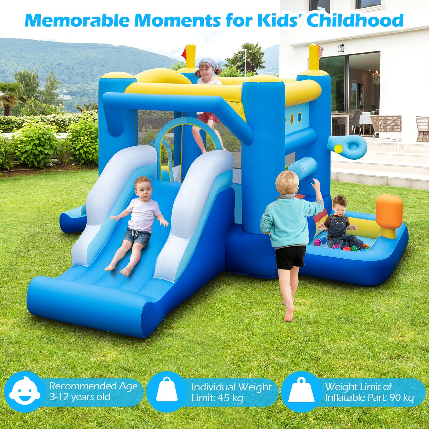 Blue Yellow Inflatable Bounce House | Slides Basketball Hoop