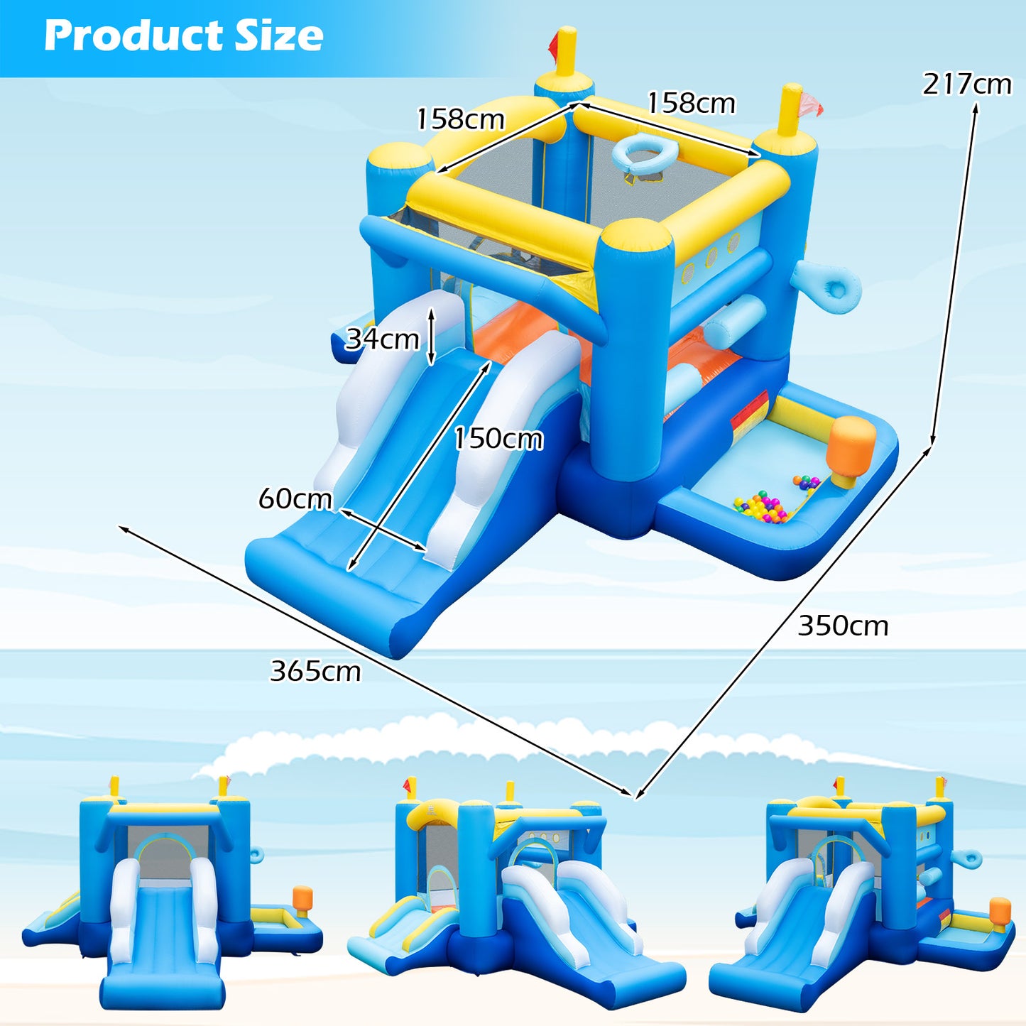 Blue Yellow Inflatable Bounce House | Slides Basketball Hoop