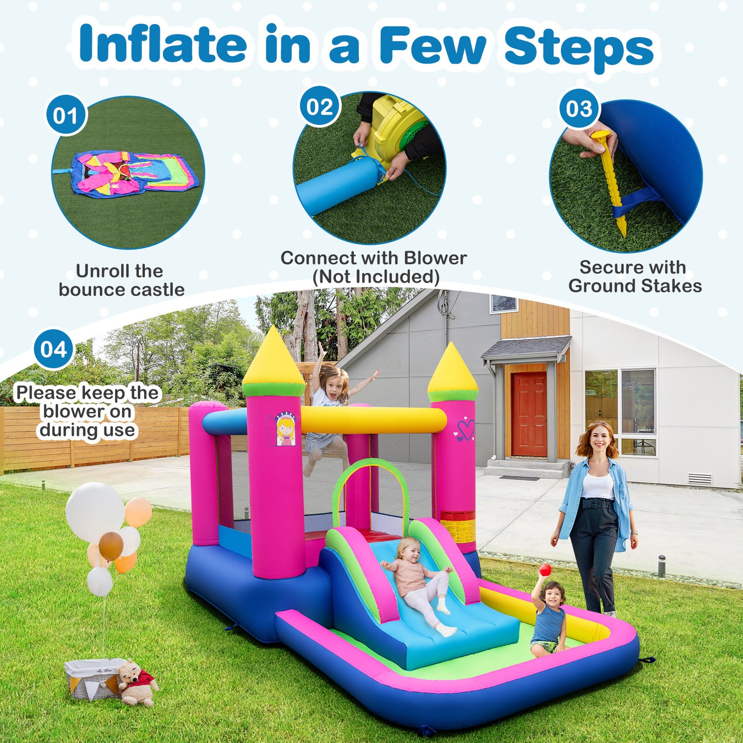 Multicolor 4 In 1 Princess Bounce House With Slide | No Blower