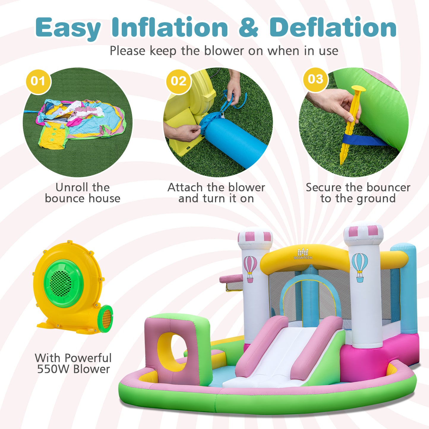 Multi-Color Bounce House | Slide Basketball Hoop 550W Blower