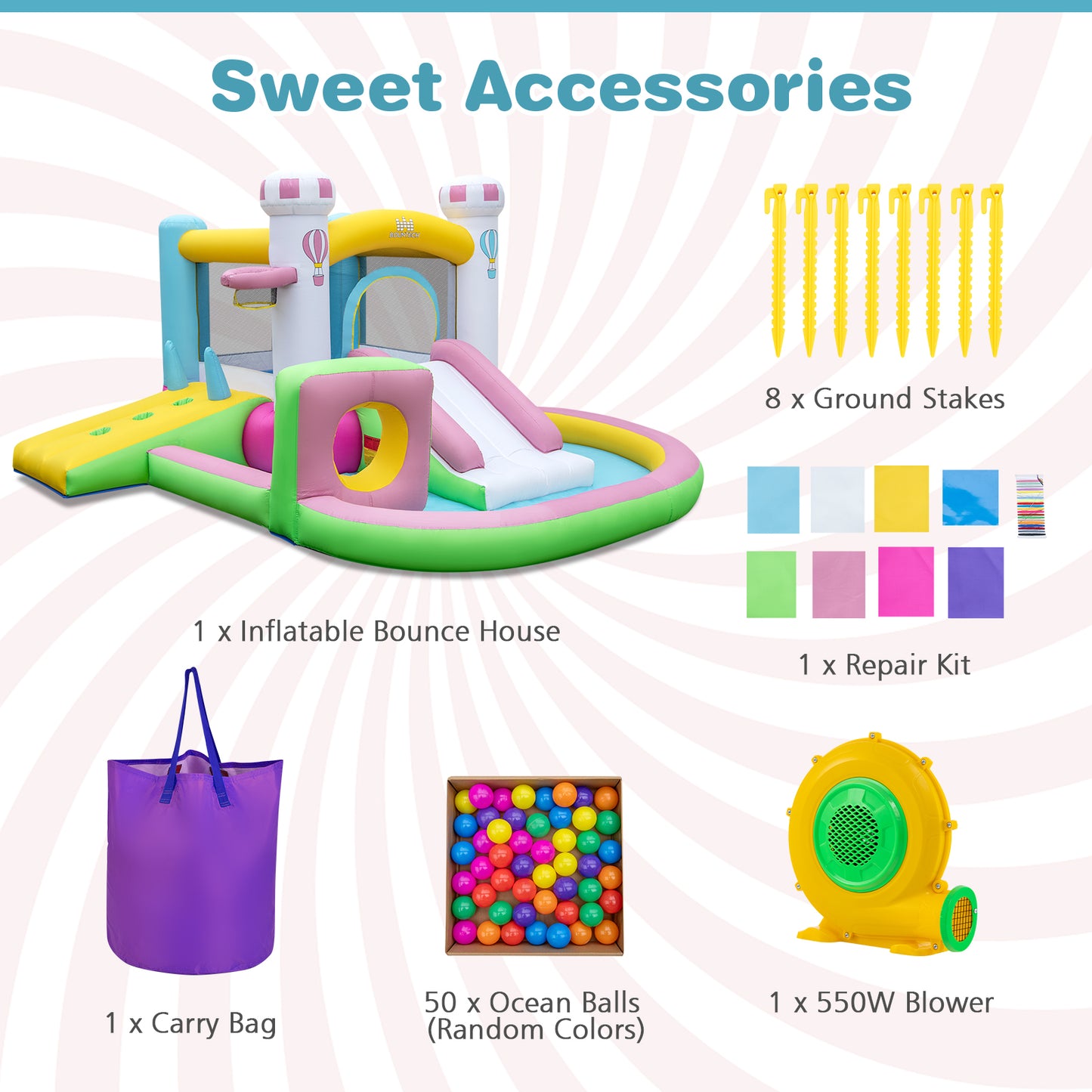 Multi-Color Bounce House | Slide Basketball Hoop 550W Blower