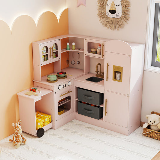 Costway Interactive Wooden Playset with Retractable Countertop for Ages 3+-Pink