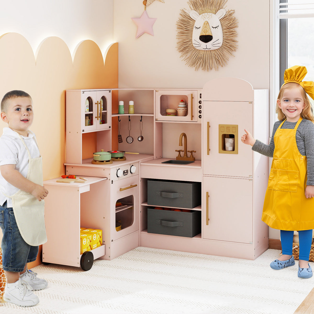 Pink Wooden Corner Kitchen Playset | Lights Sounds & Ice Maker