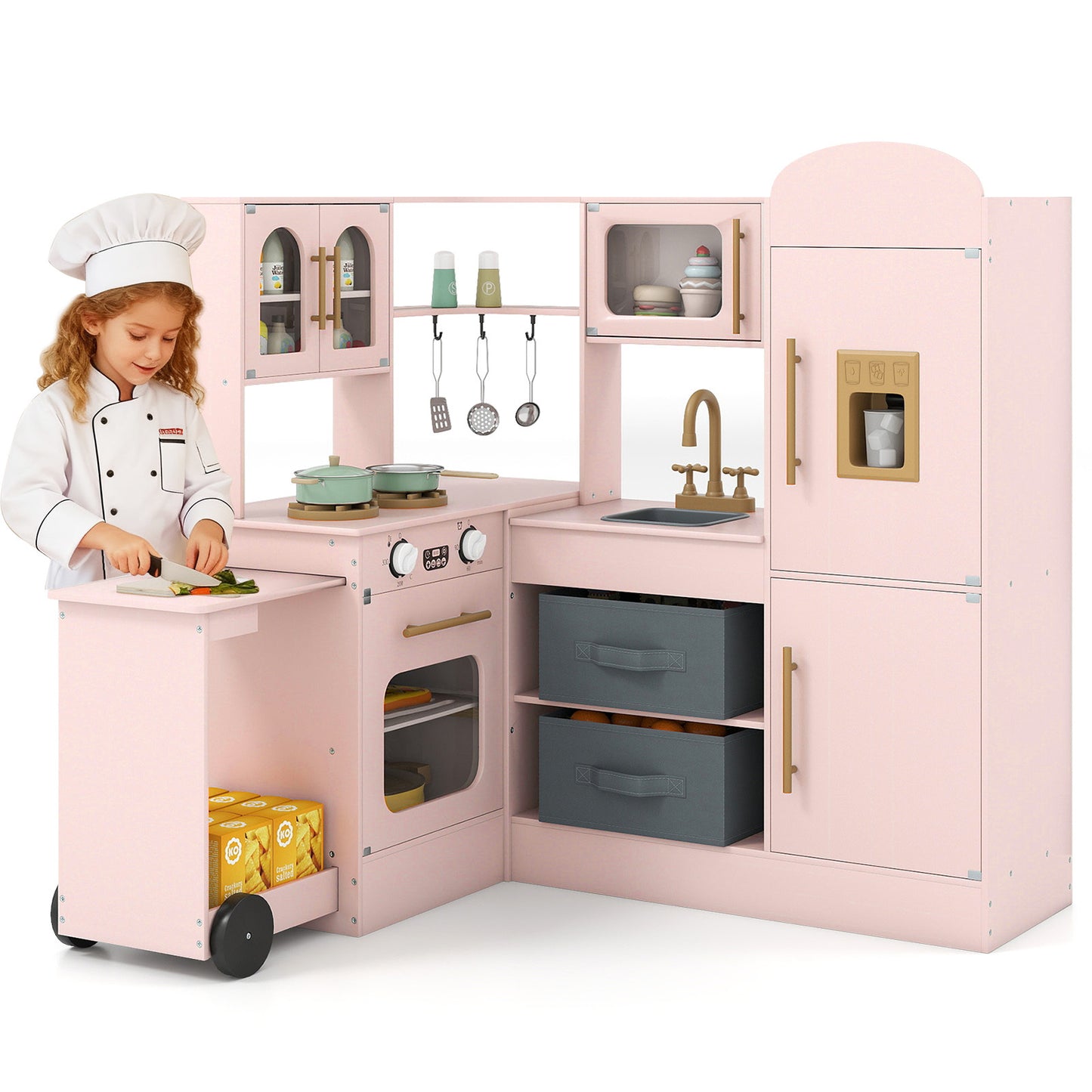 Pink Wooden Corner Kitchen Playset | Lights Sounds & Ice Maker