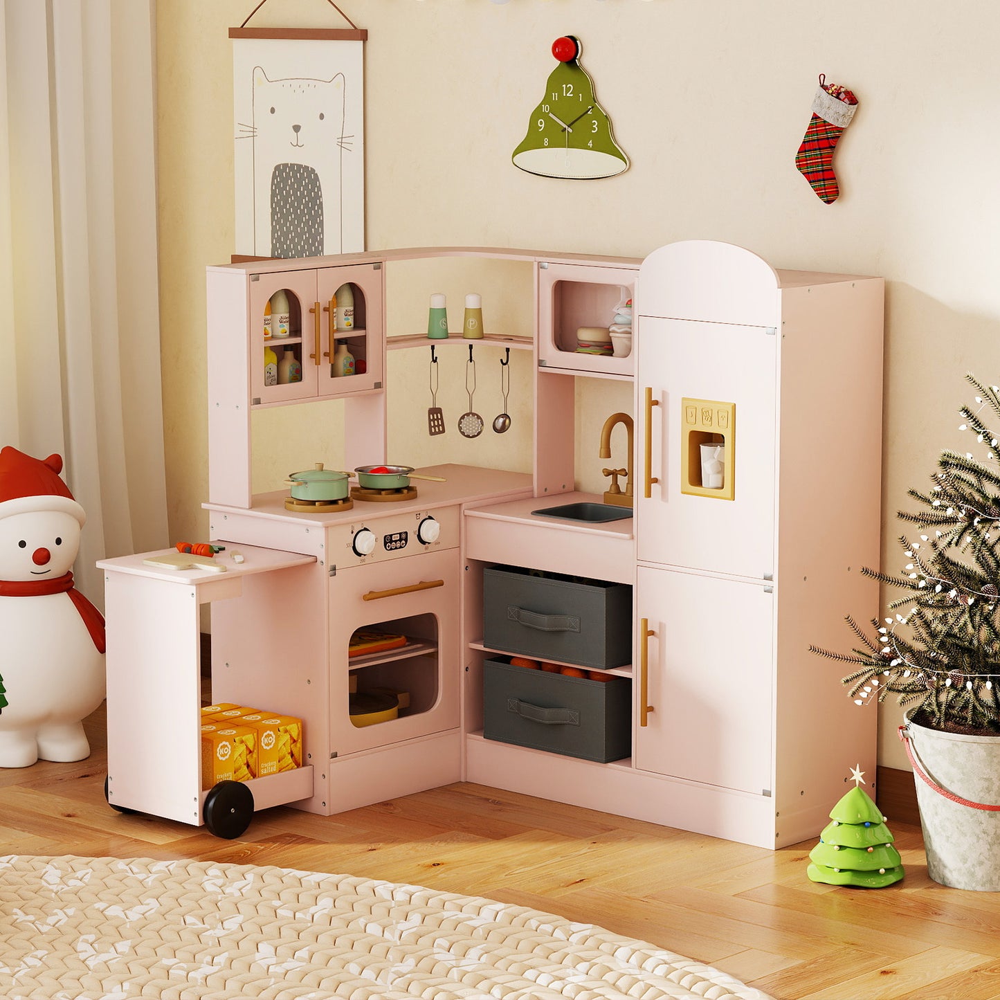 Pink Wooden Corner Kitchen Playset | Lights Sounds & Ice Maker