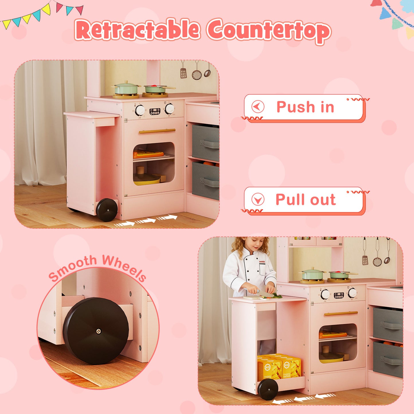 Pink Wooden Corner Kitchen Playset | Lights Sounds & Ice Maker