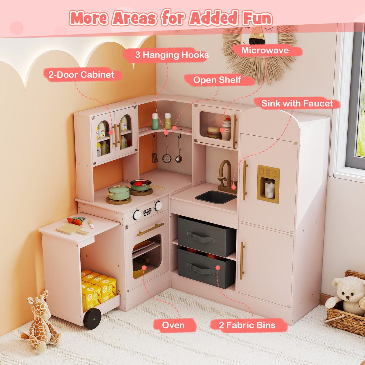 Pink Wooden Corner Kitchen Playset | Lights Sounds & Ice Maker