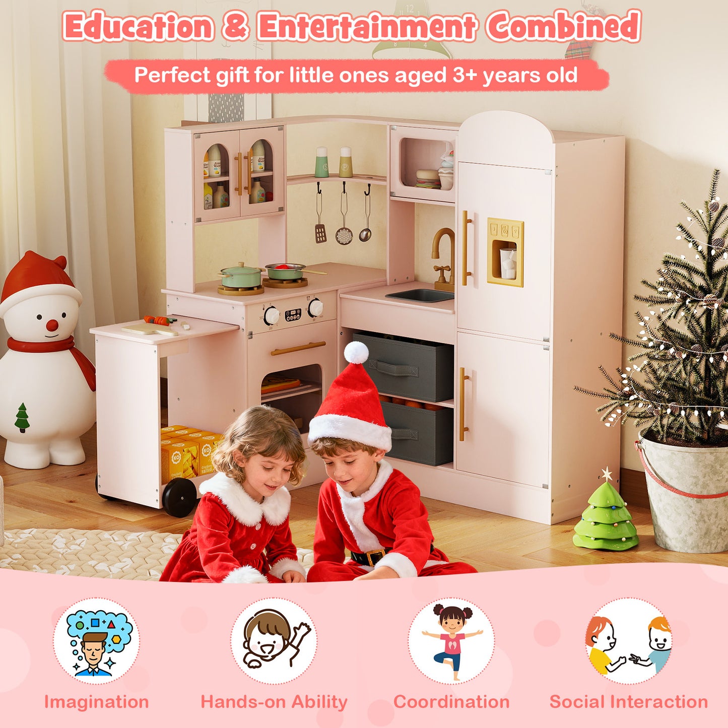 Pink Wooden Corner Kitchen Playset | Lights Sounds & Ice Maker