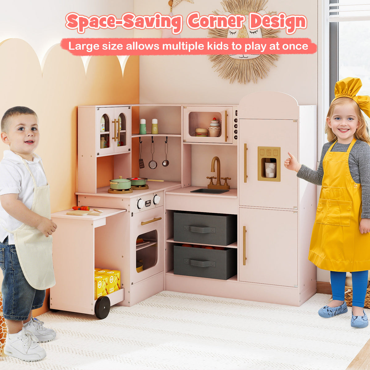 Pink Wooden Corner Kitchen Playset | Lights Sounds & Ice Maker