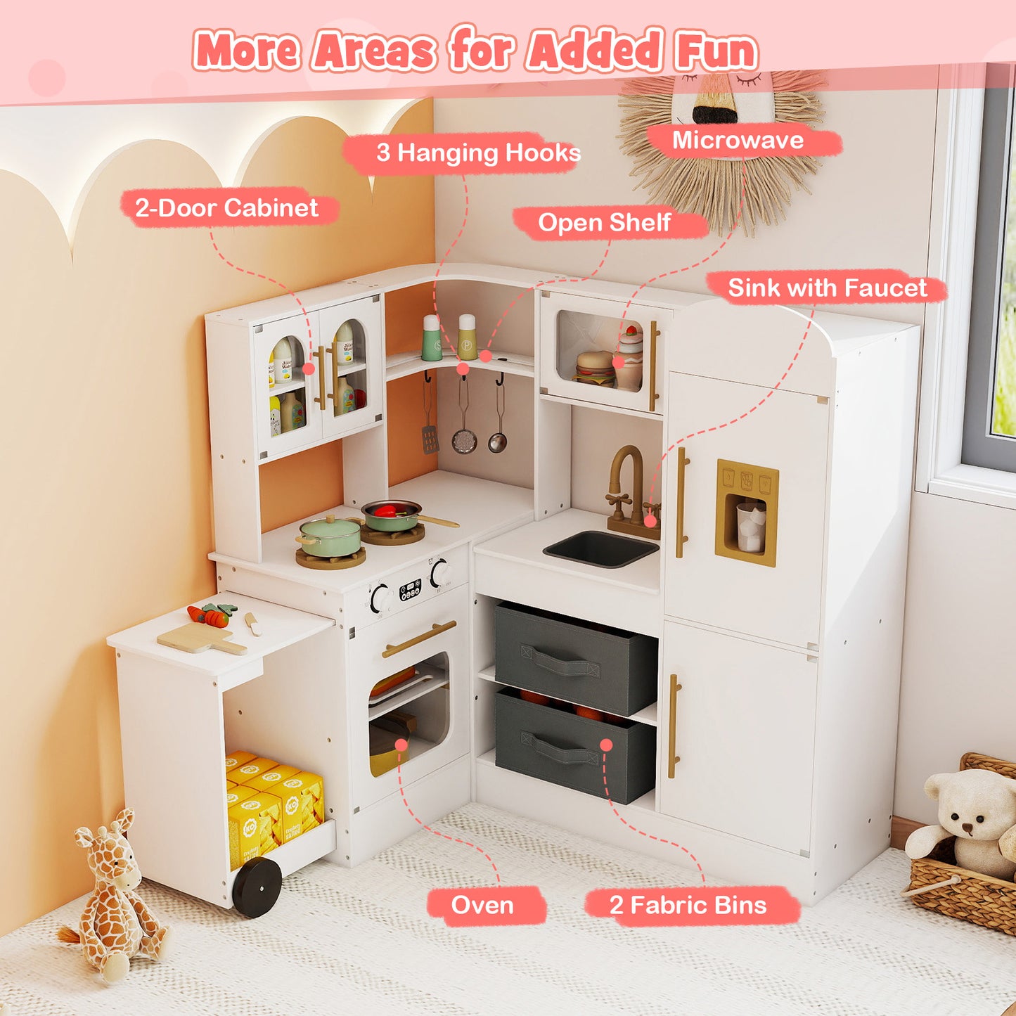 White Wooden Corner Kitchen Playset | Retractable Countertop