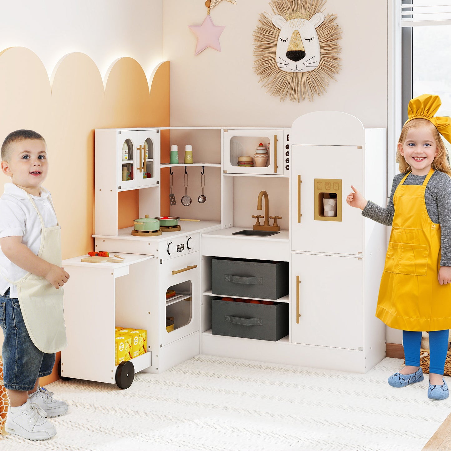 White Wooden Corner Kitchen Playset | Retractable Countertop