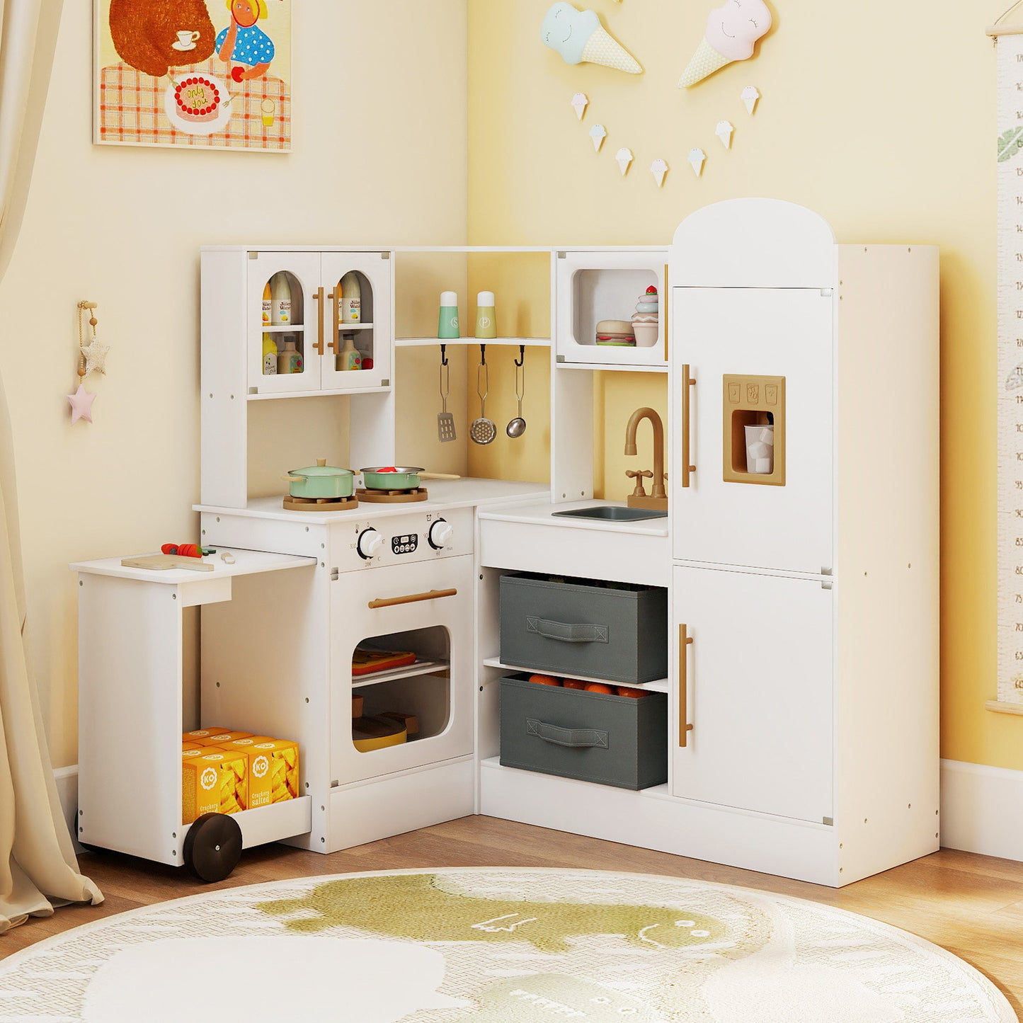 White Wooden Corner Kitchen Playset | Retractable Countertop