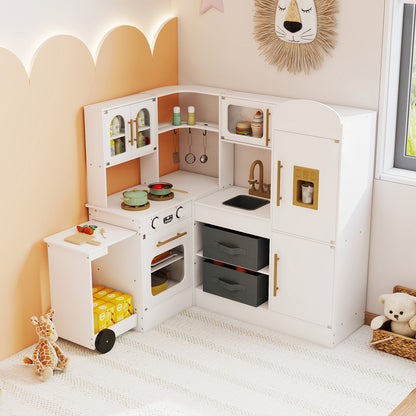 White Wooden Corner Kitchen Playset | Retractable Countertop