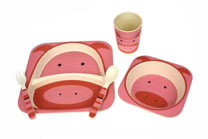 BambooZoo Pig Dinner Set for kids. Eco-friendly 5pc dinnerware, perfect for childrens meals at home.