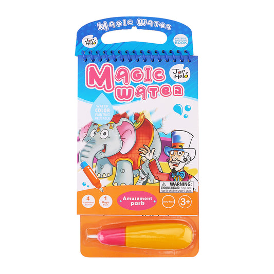 Alt text | Amusement park-themed magic water coloring pad promotes mess-free creativity for kids at home.