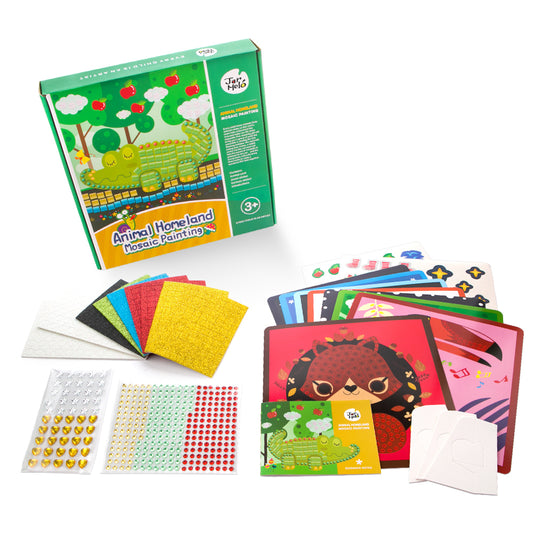 Colorful animal-themed mosaic craft kit for kids home activities, encourages creativity and fine motor skills.