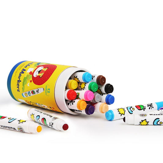 Colorful washable markers with special round tips, perfect for kids art projects at home.