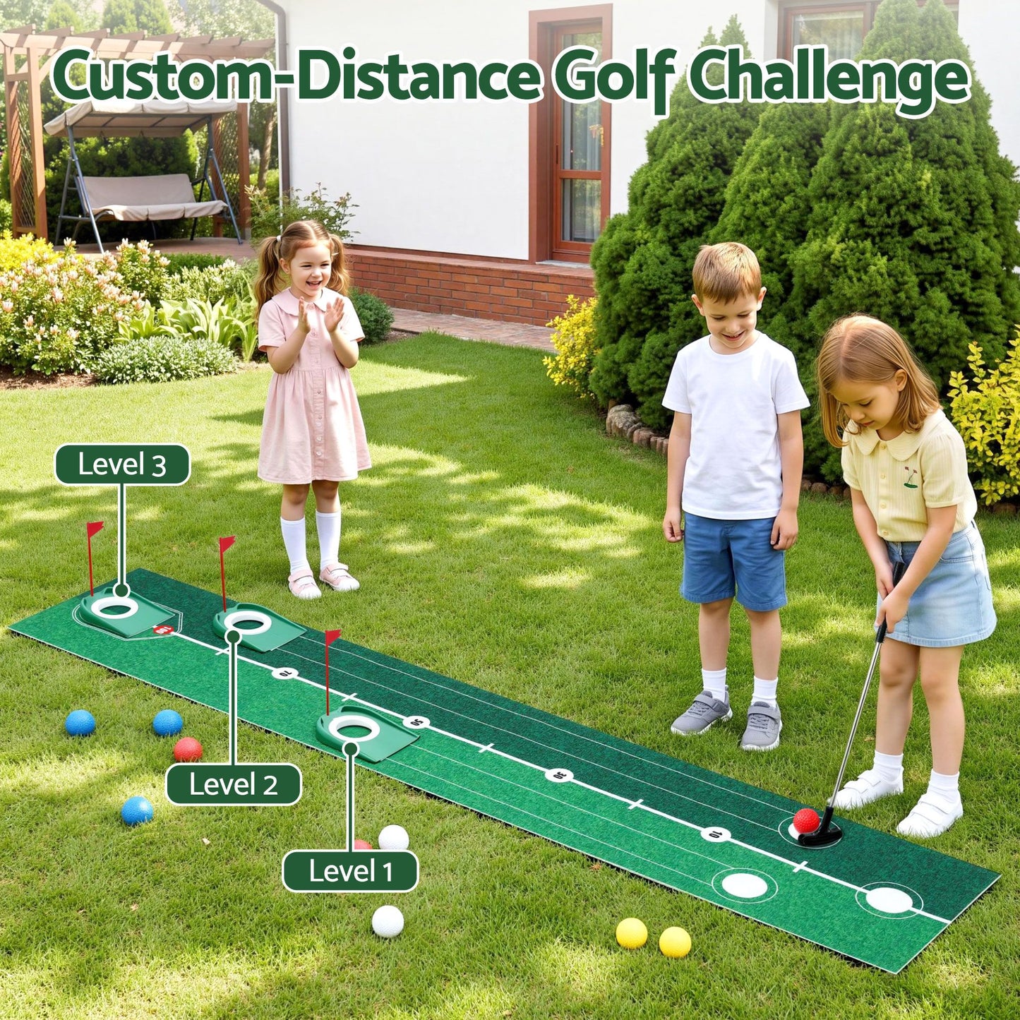 Keezi Kids Golf Putting Game Set with Golf Club, Putting Mat, Balls, Target Holes