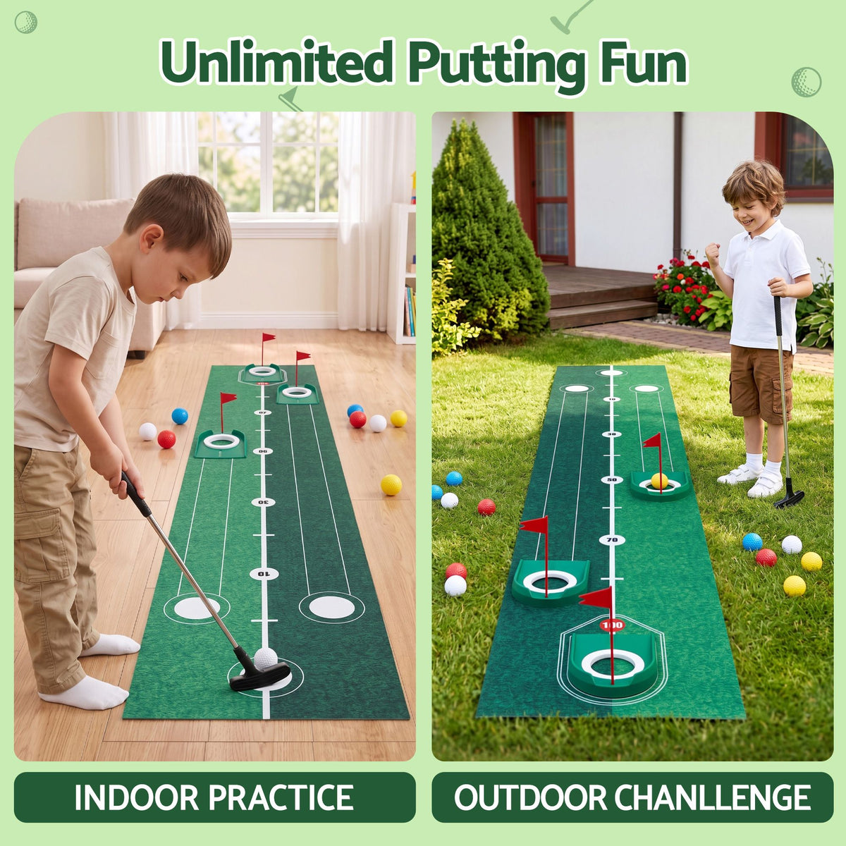 Keezi Kids Golf Putting Game Set with Golf Club, Putting Mat, Balls, Target Holes