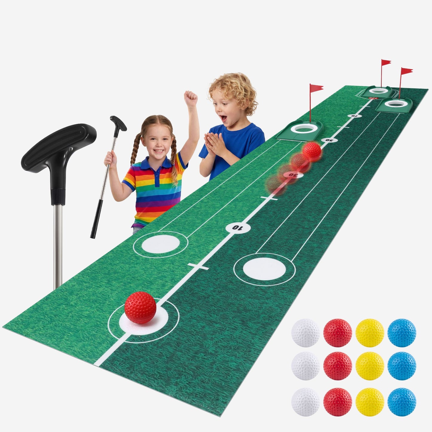 Keezi Kids Golf Putting Game Set with Golf Club, Putting Mat, Balls, Target Holes