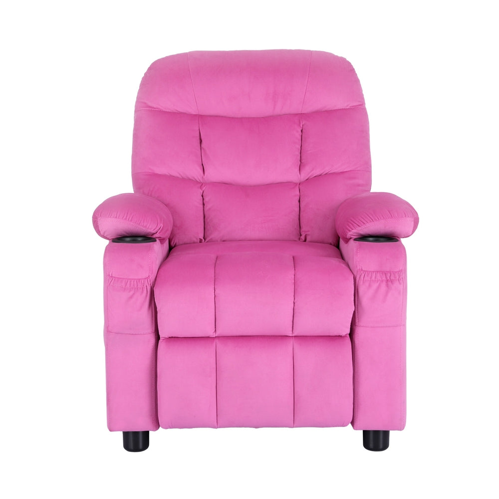 Keezi Kids Pink Velvet Recliner Chair | Plush design with storage pockets for home relaxation.