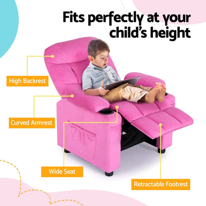 Keezi Kids Pink Velvet Recliner Chair with Storage Pockets | Stylish, comfy seating for children.