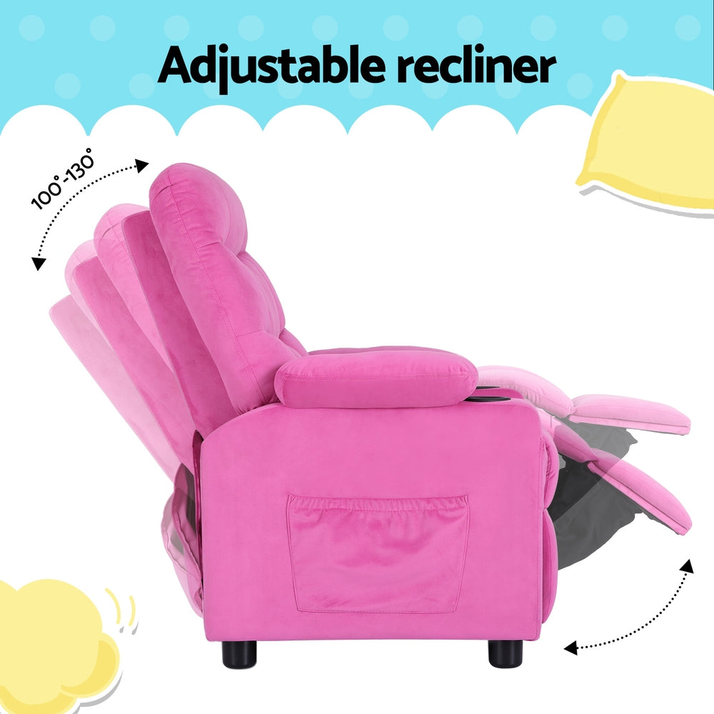 Keezi Kids Pink Velvet Recliner Chair | Comfy child-sized seat with storage pockets for playrooms.