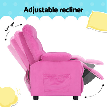 Keezi Kids Pink Velvet Recliner Chair | Comfy child-sized seat with storage pockets for playrooms.