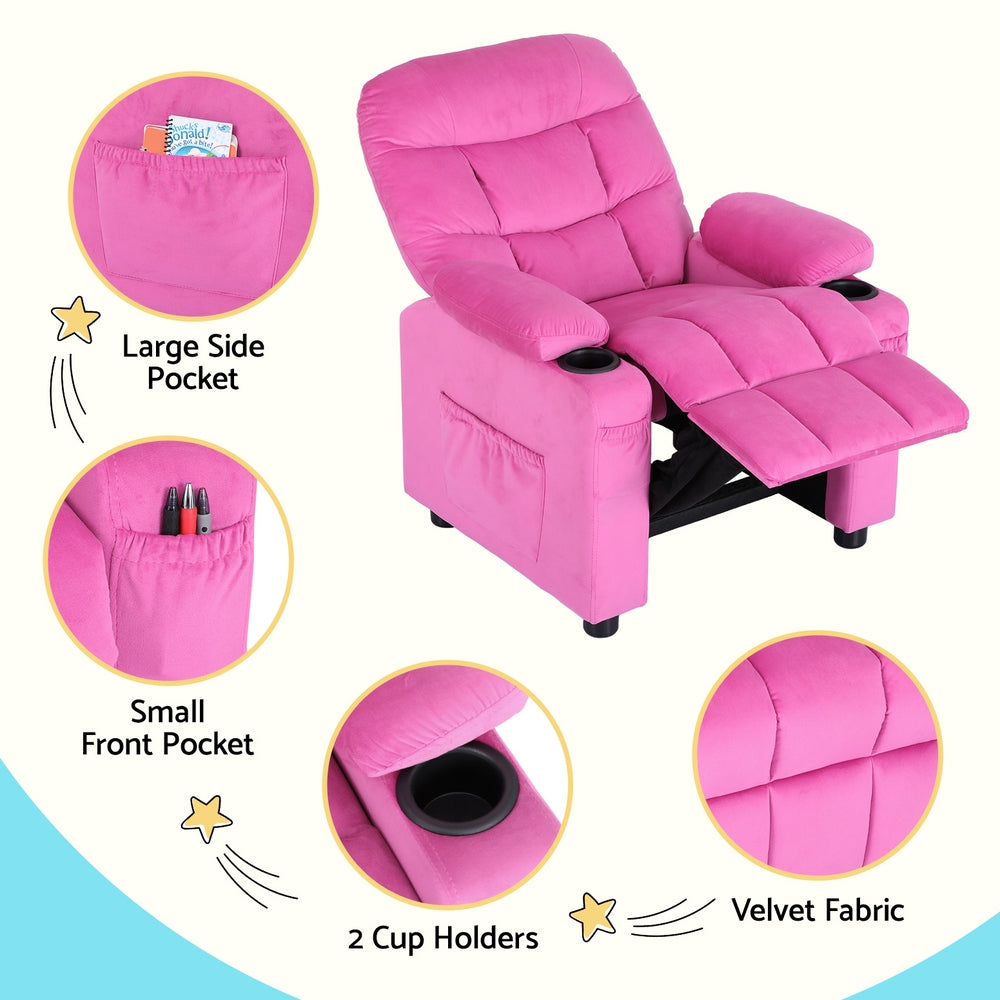 Pink velvet kids recliner with storage pockets for cozy comfort and convenience in home.