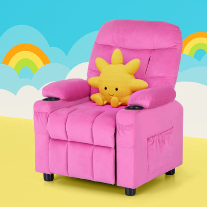 Keezi Kids Pink Velvet Recliner Chair with Storage Pockets for comfortable and playful seating.