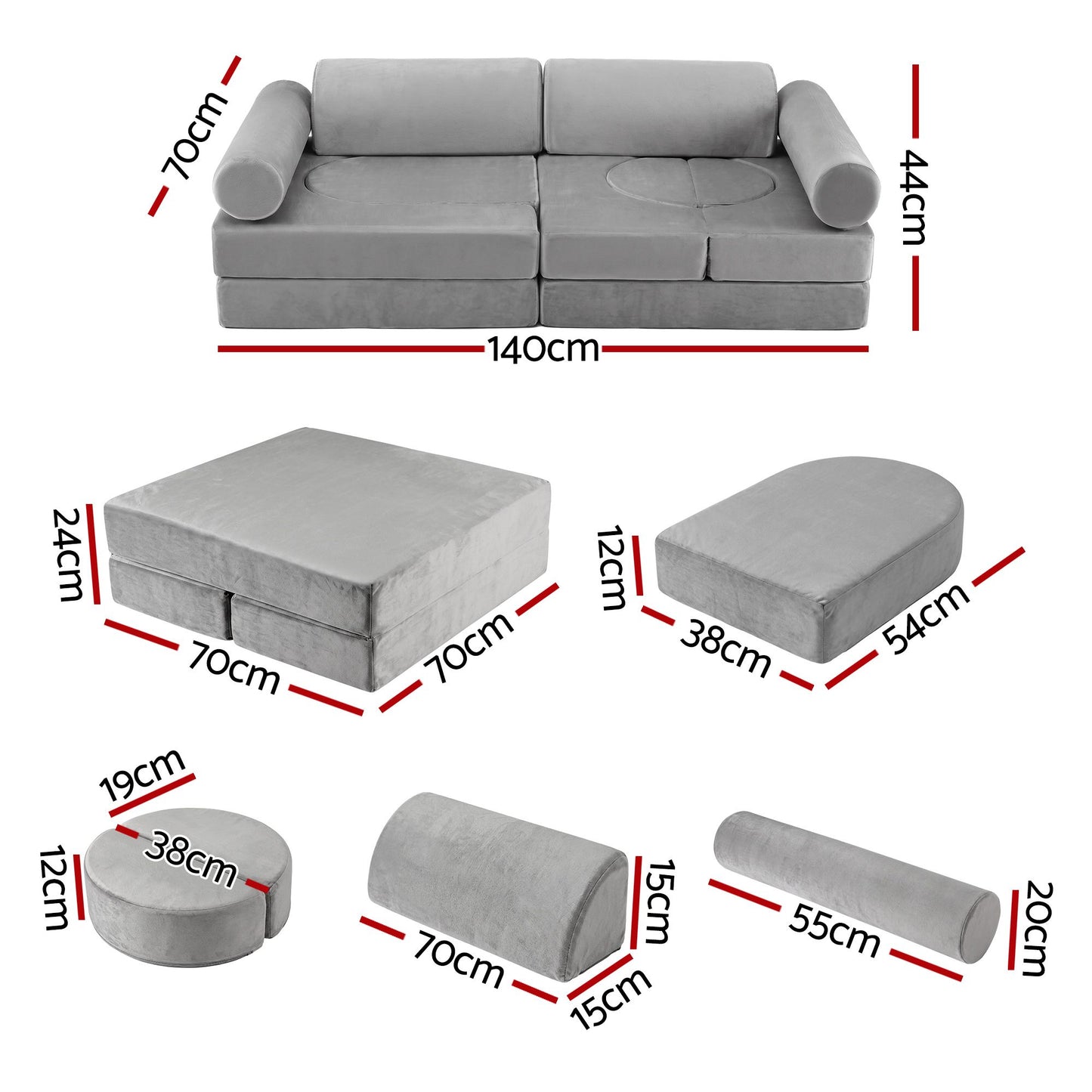 Keezi 12PCS Modular Kids Play Couch Foam Sofa Set Grey