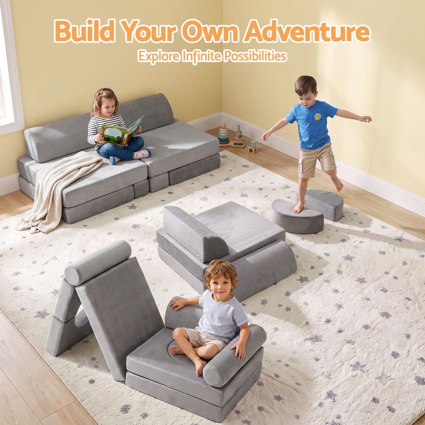 Keezi 12PCS Modular Kids Play Couch Foam Sofa Set Grey