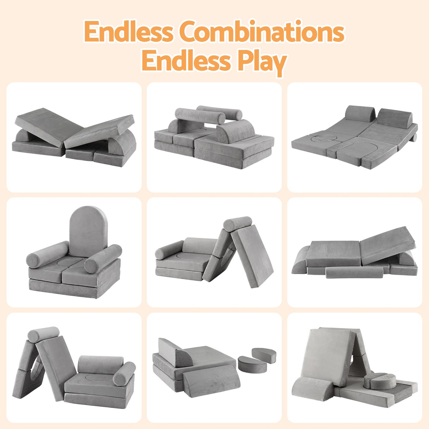 Keezi 12PCS Modular Kids Play Couch Foam Sofa Set Grey