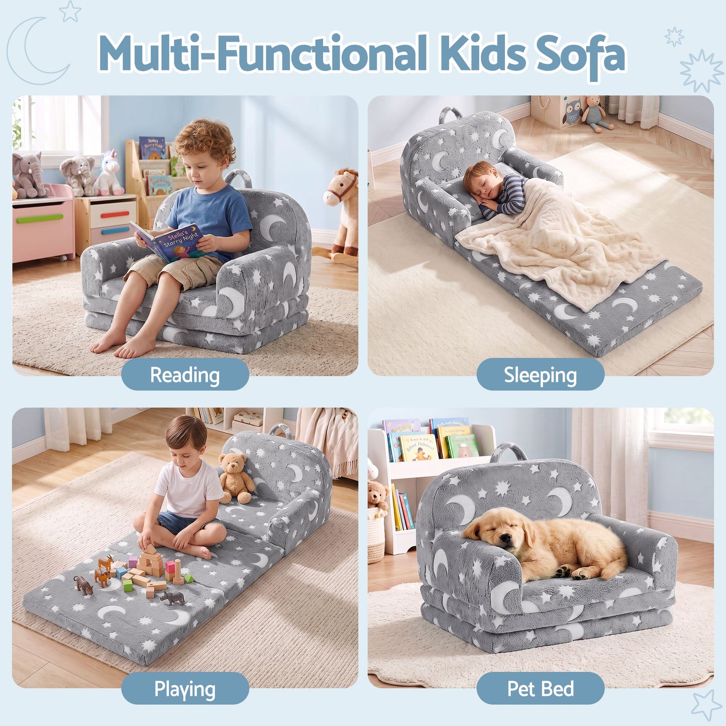 Keezi Kids 2-in-1 Fold Out Sofa Bed Glow in the Dark, Grey
