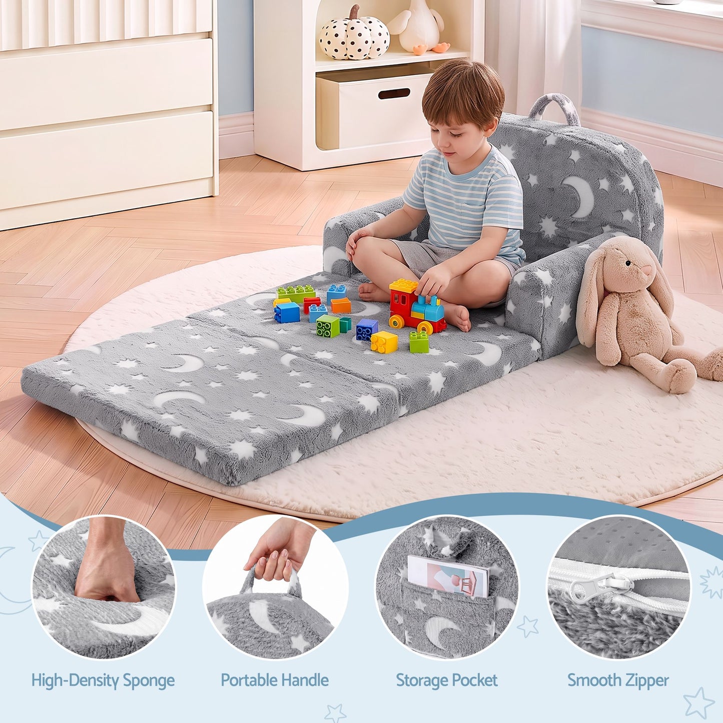 Keezi Kids 2-in-1 Fold Out Sofa Bed Glow in the Dark, Grey