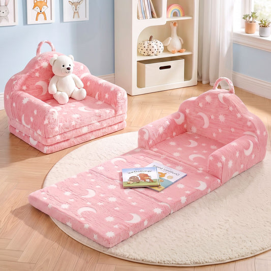 Keezi Kids 2-in-1 Fold Out Sofa Bed Glow in the Dark, Pink