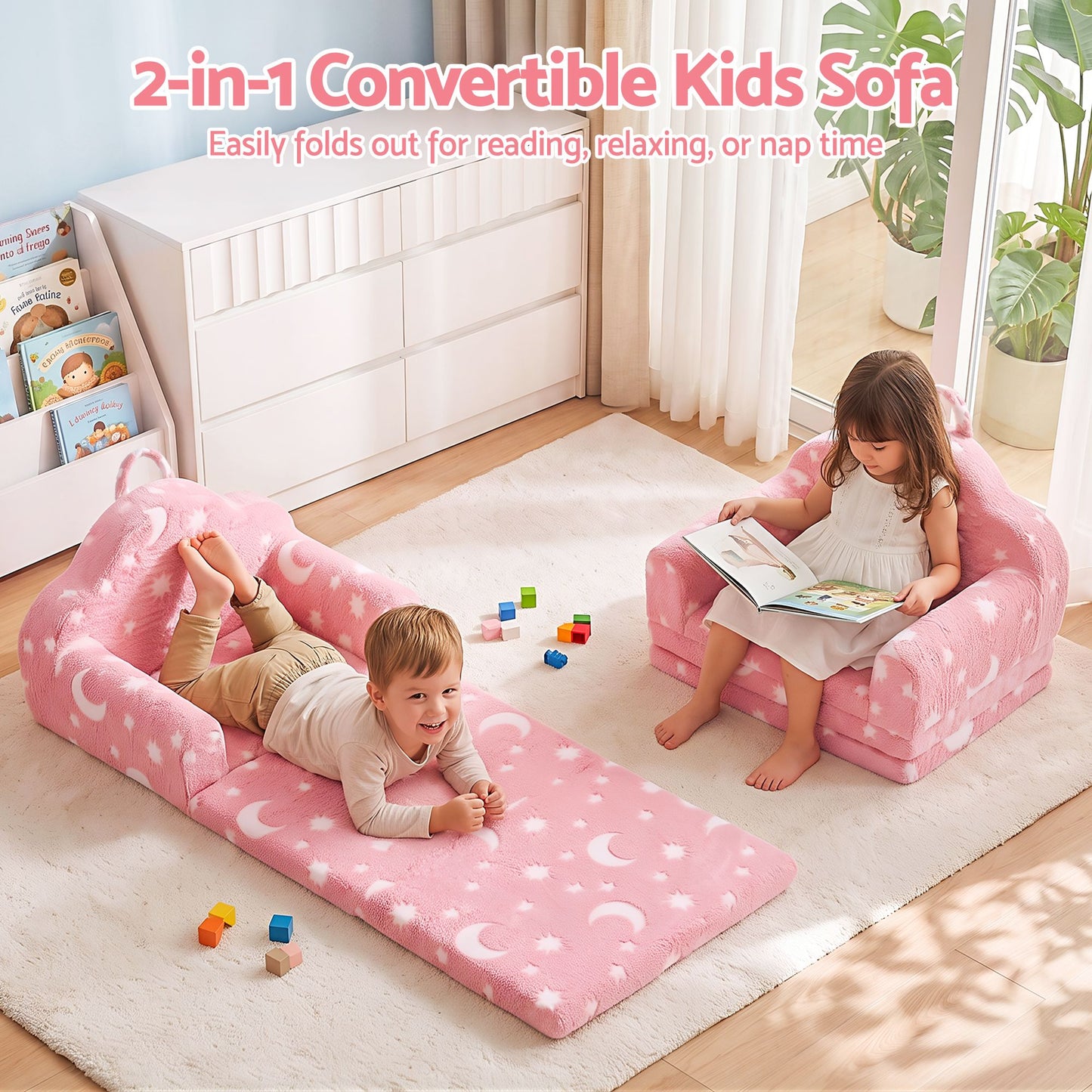 Keezi Kids 2-in-1 Fold Out Sofa Bed Glow in the Dark, Pink