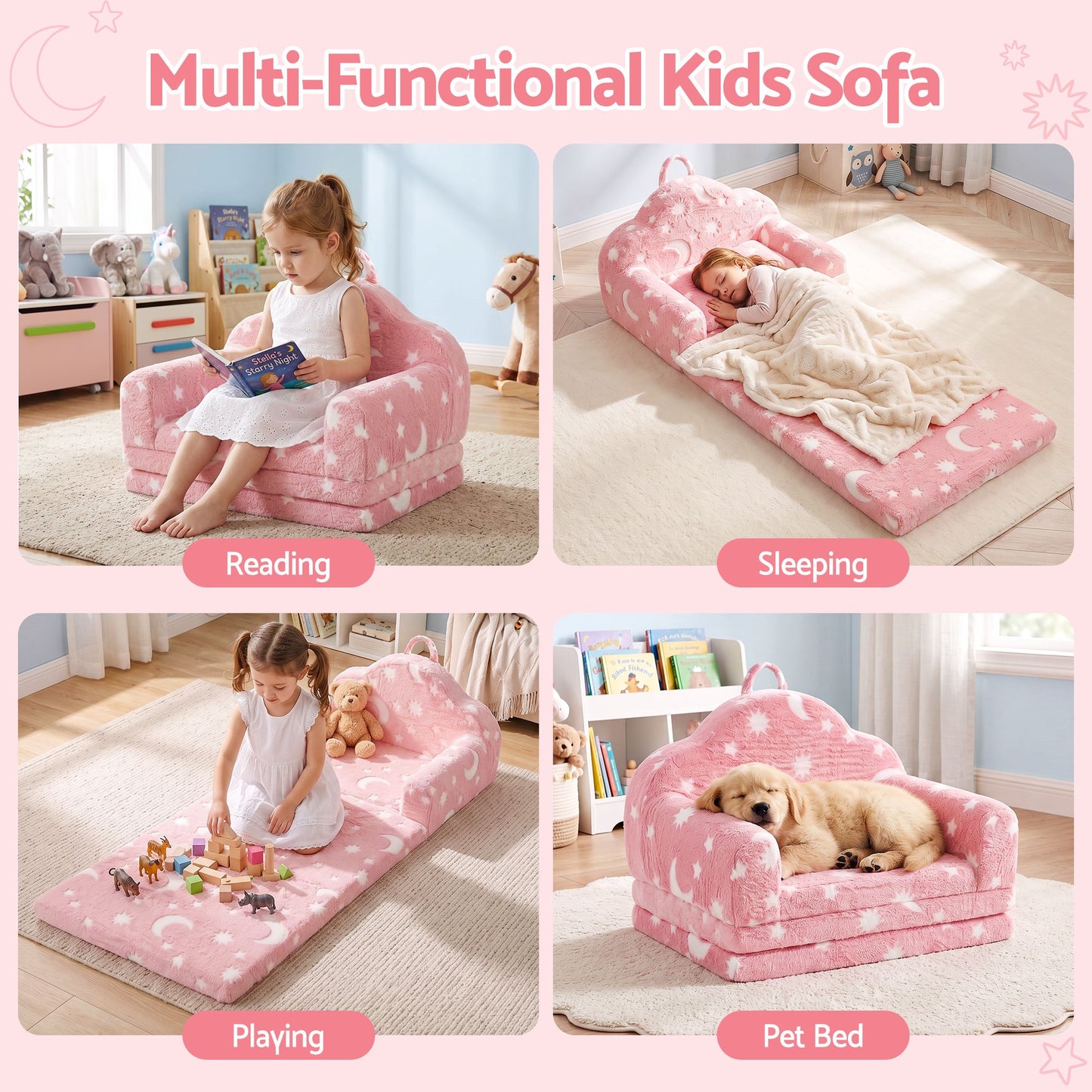 Keezi Kids 2-in-1 Fold Out Sofa Bed Glow in the Dark, Pink